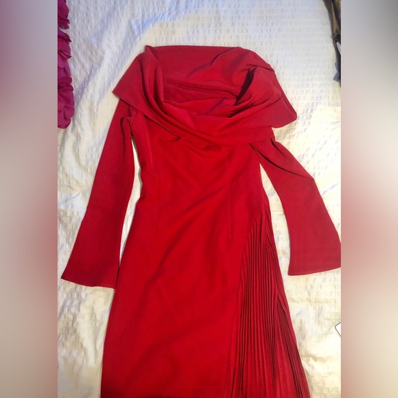 Miss Rosier Valentine Red Pleated Plus Size Long Sleeve Maxi Dress with Slit - Picture 7 of 7